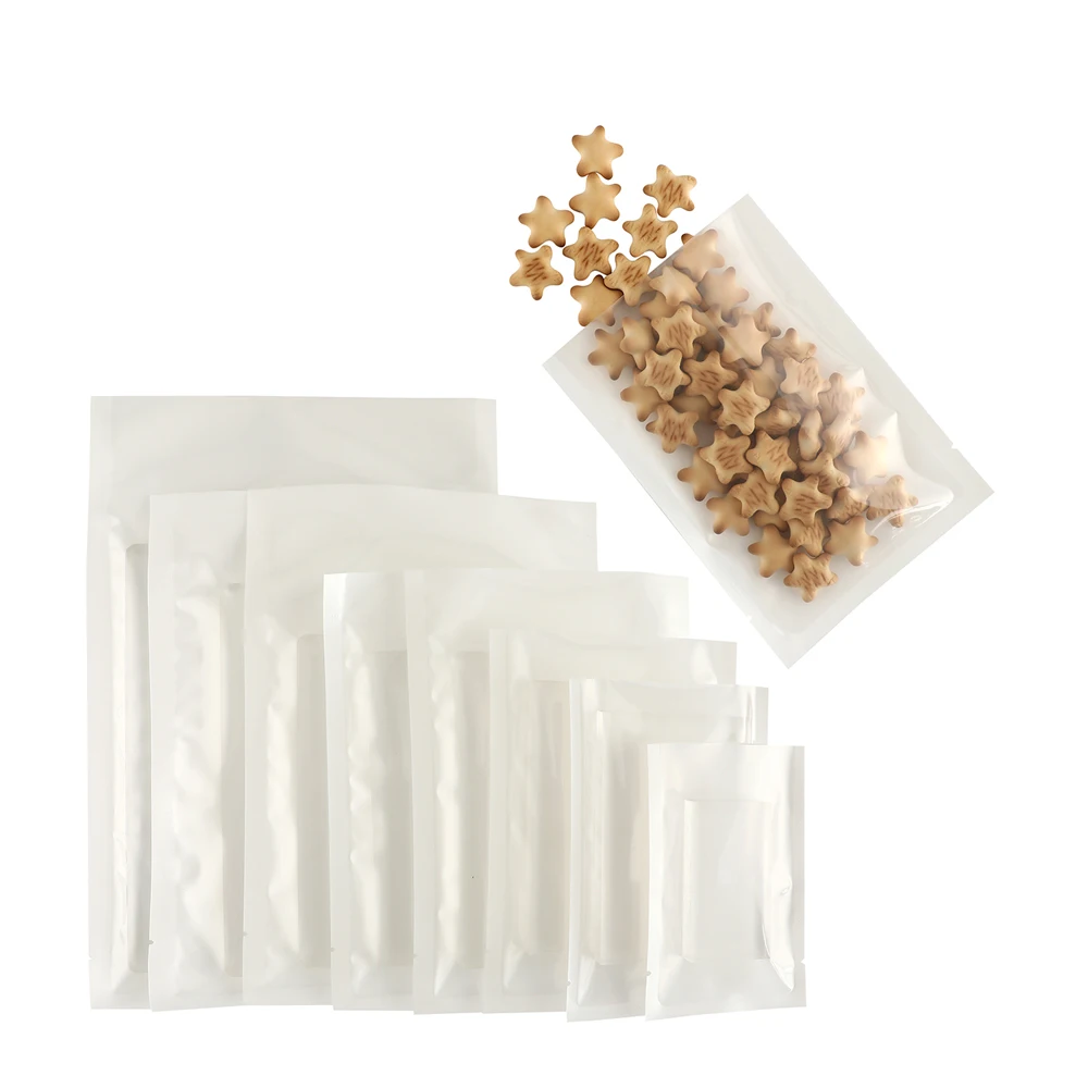

100Pcs Vacuumable Airtight Open Top Pouch Seafood Food Heat Sealable Packaging Clear Window White Compressed Vacuum Storage Bag