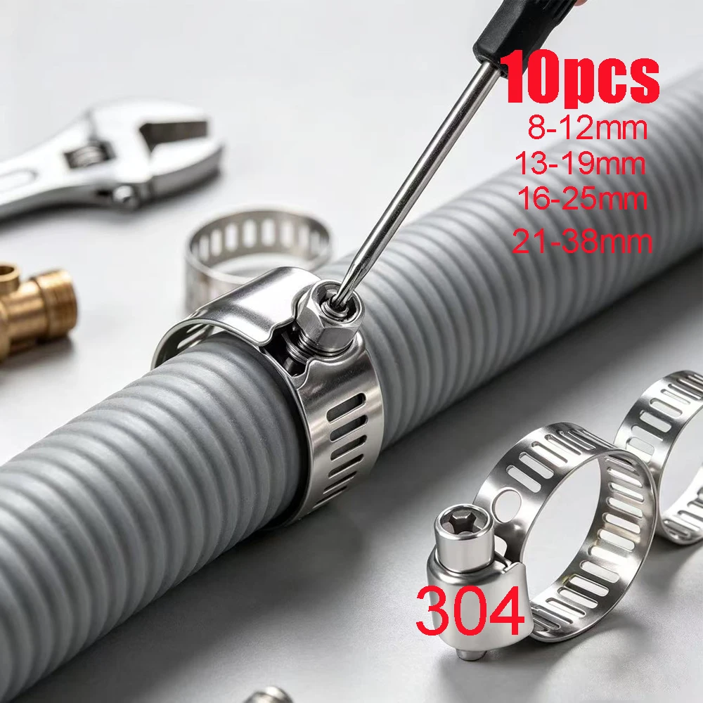 10Pcs Multi-Size Hose Clamp Industrial Grade 304 Stainless Steel Pipe Clip Adjustable Hose Pipe Fastener Car Accessories 8-38mm