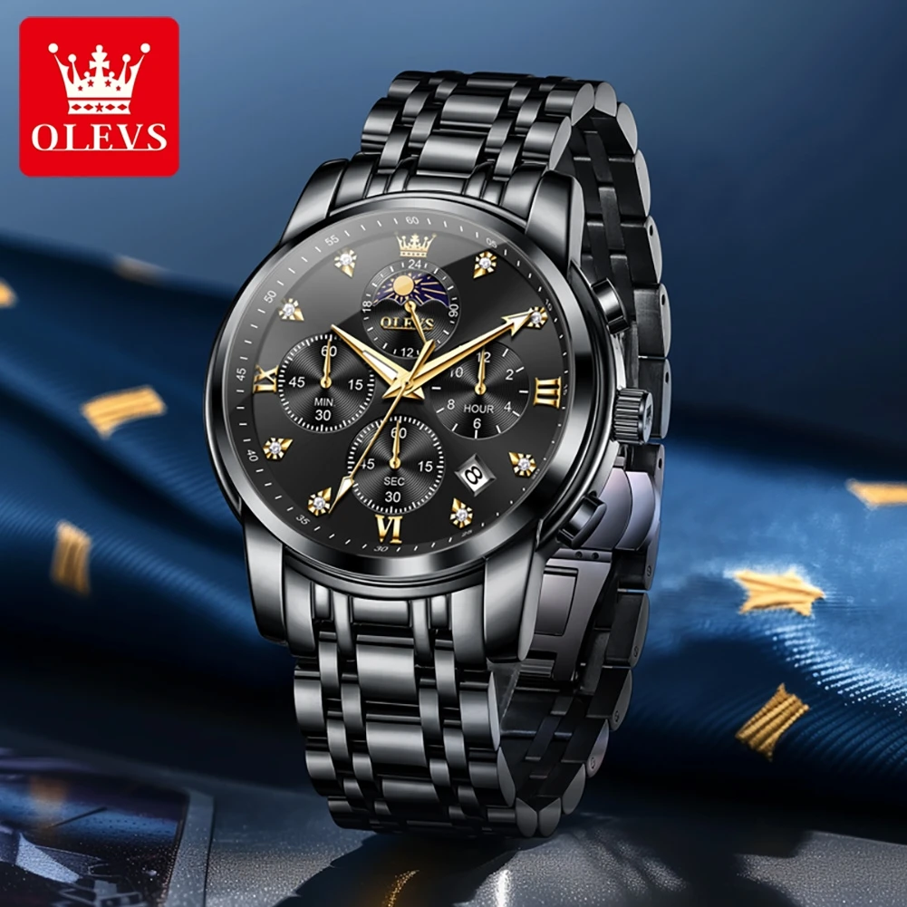 OLEVS 3655 Watches For Man Stainless Steel Multifunctional Chronograph Quartz Watch Moon Phase Watches Man Box Gifts Original