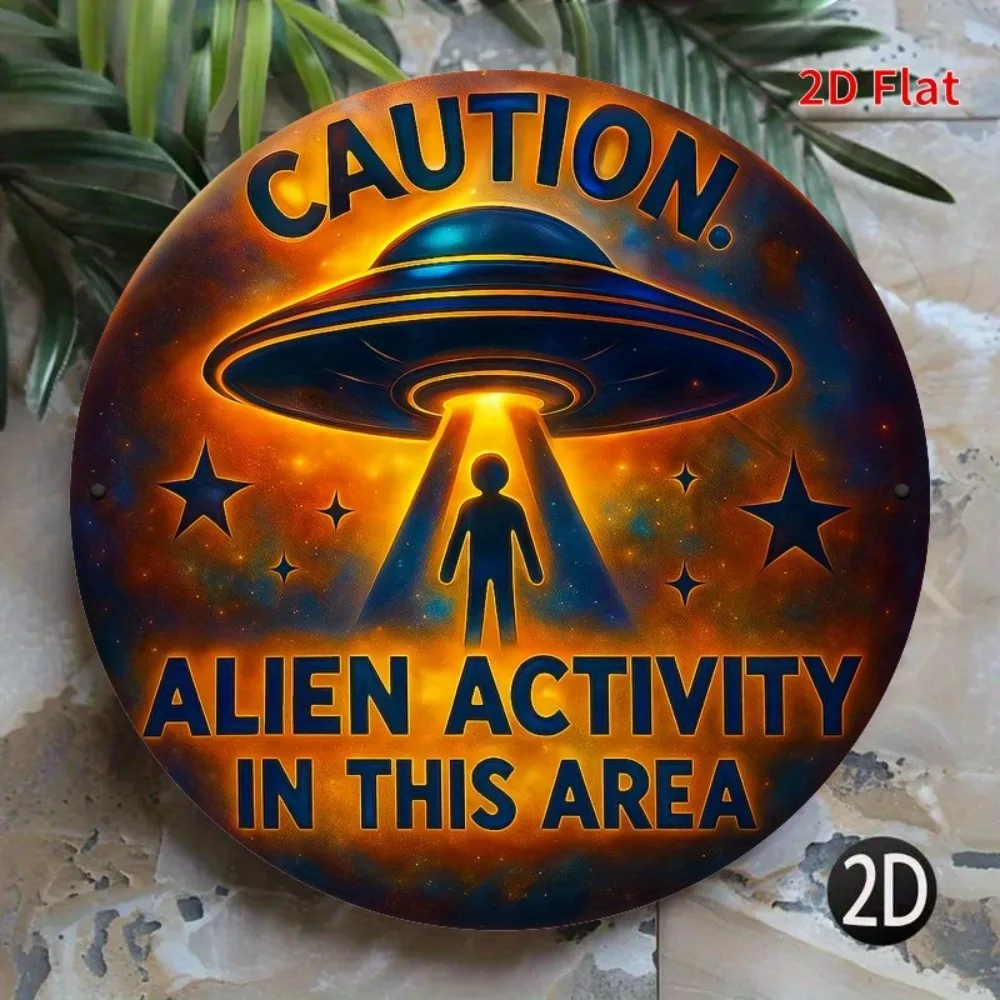 Letrero Metálico OVNI, Decoración con Advertencia Alienígena, 20x20cm, Arte de Pared Extraterrestre de Ciencia Ficción para Hogar, Oficina, Garaje