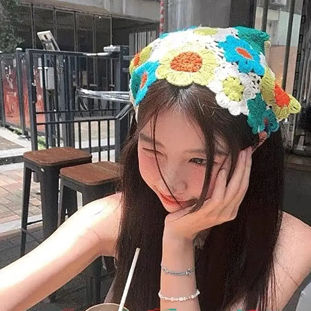 French Pastoral Style Triangle Headband Knitted Handmade Crochet Headscarf Hat Little Flower Headband Towel Spring Summer