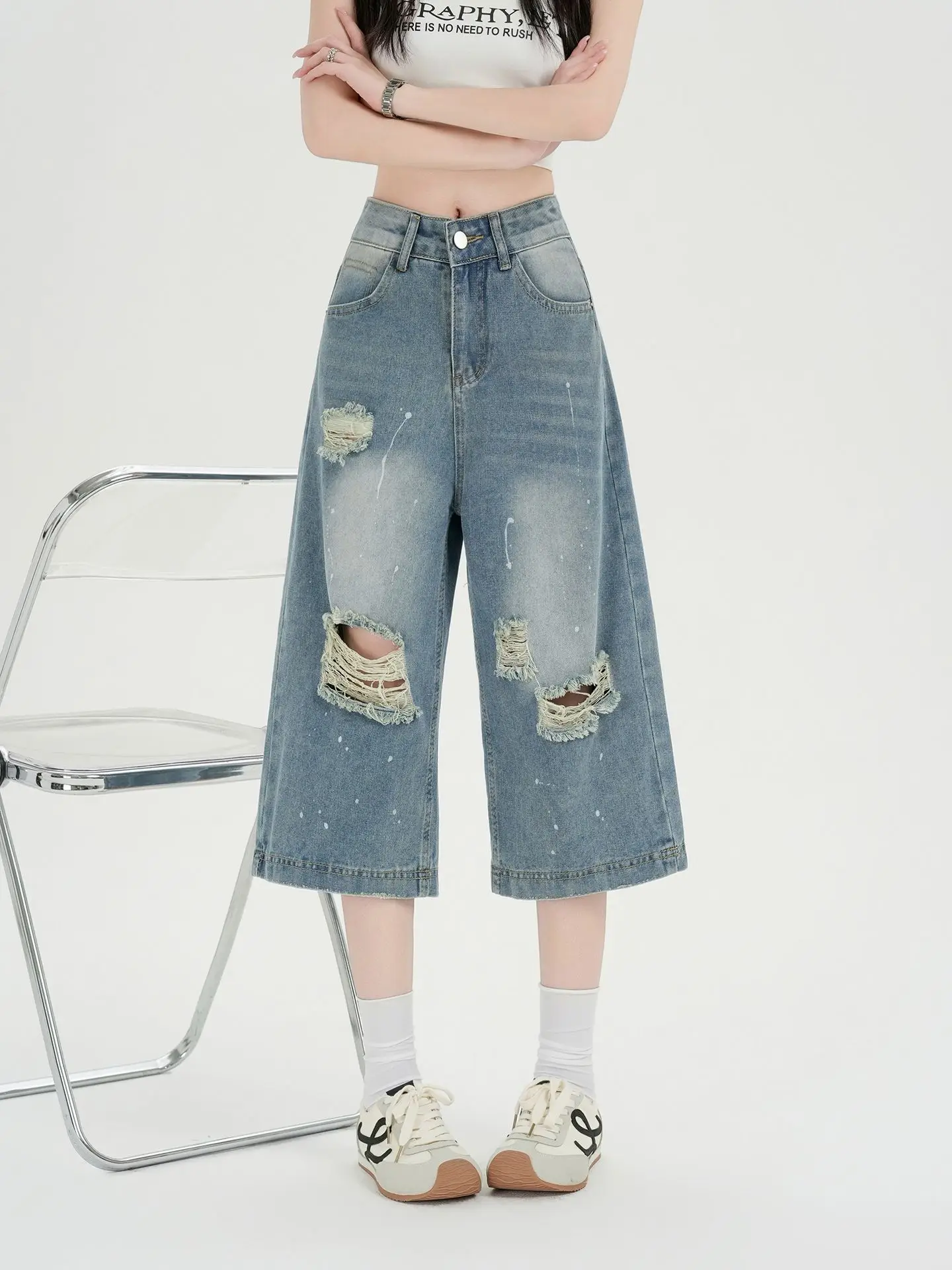 Y2K American Washed Ripped Cropped Denim Shorts Women Summer Trendy Design Street Casual Pants
