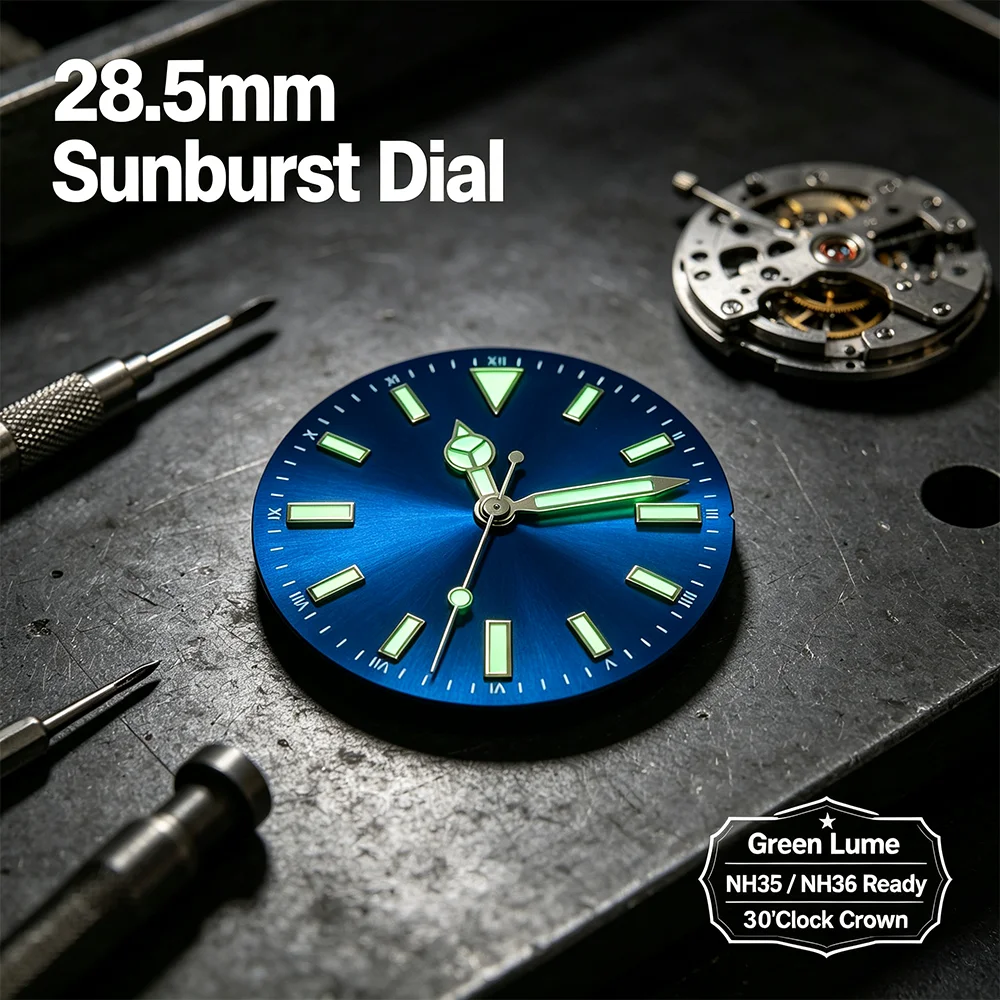 Watch Accessories: 28.5mm Sunburst Dial with Green Night-Light Bezel Stripes, Suitable for NH35/NH36/8215 Movements