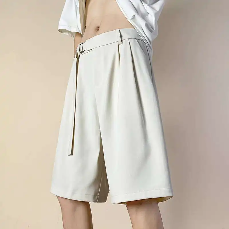 

Summer Beige Suit Shorts Men Fashion Society Mens Black Dress Shorts Korean Loose Belt Suit Shorts Mens Office Formal Shorts