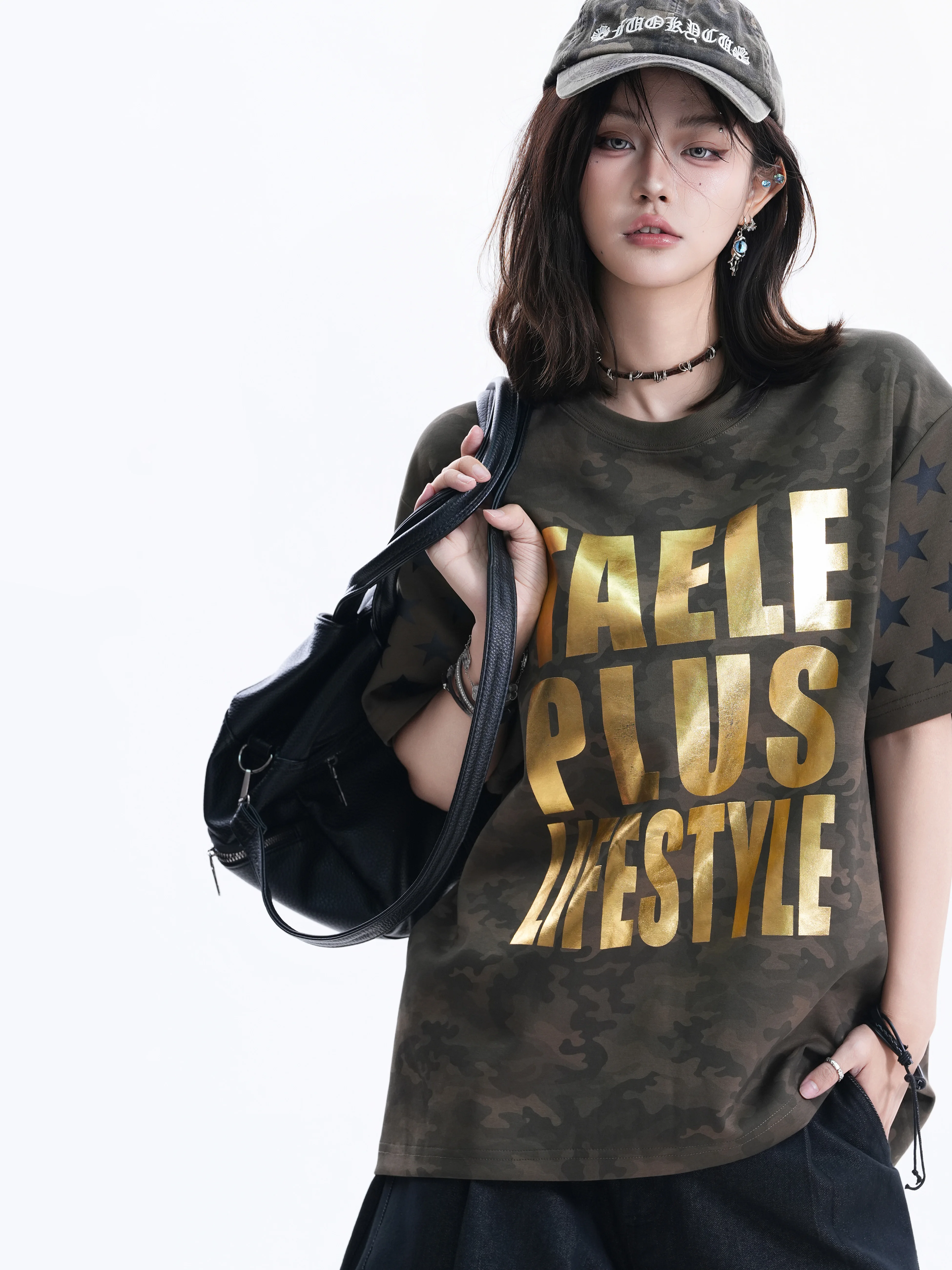 

American Style Camouflage Gold Printing T-Shirt Women Summer Oversize Design Couple Short Sleeve Cotton round Neck Top