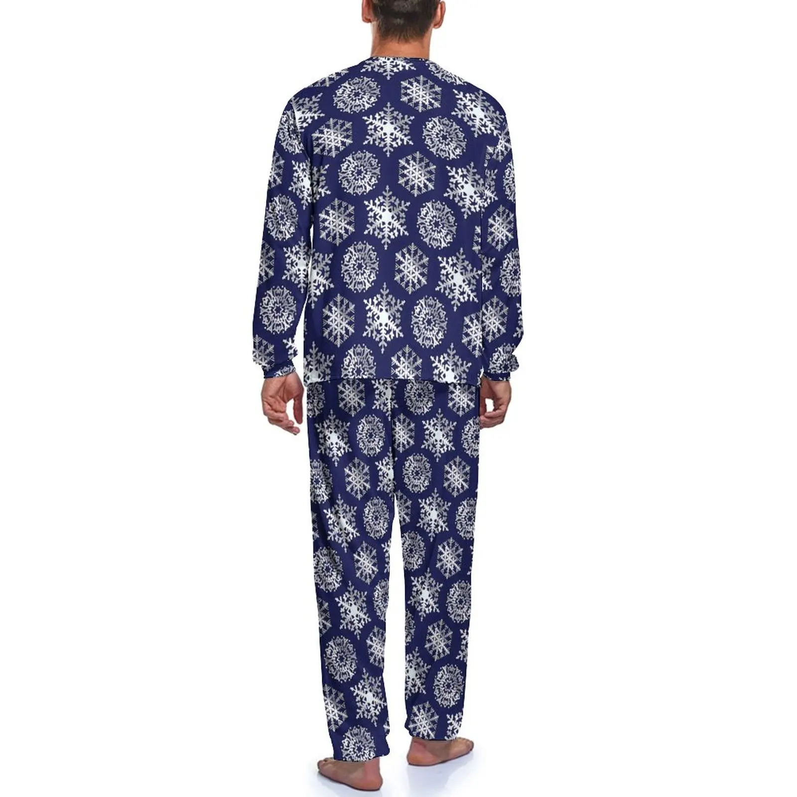 Floco de neve impressão pijamas azul e branco homem mangas compridas adorável conjuntos de pijama 2 peça quarto design diário casa terno presente aniversário