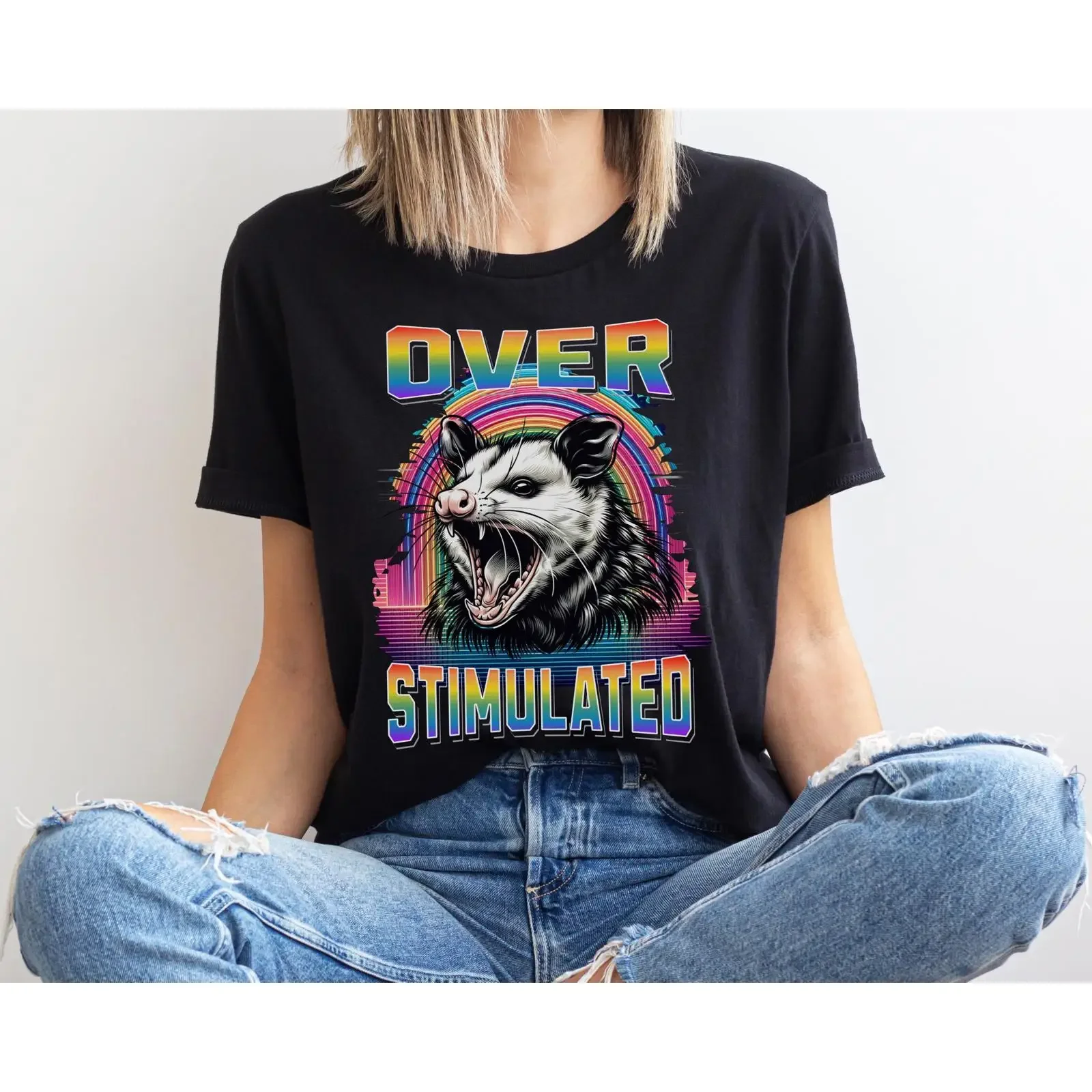 Overstimulated Opossum LGBT Gay Pride T Shirt Queer Neurodivergent Neurospicy For Autistic ADHD AUDHD vintage Washed streetwear