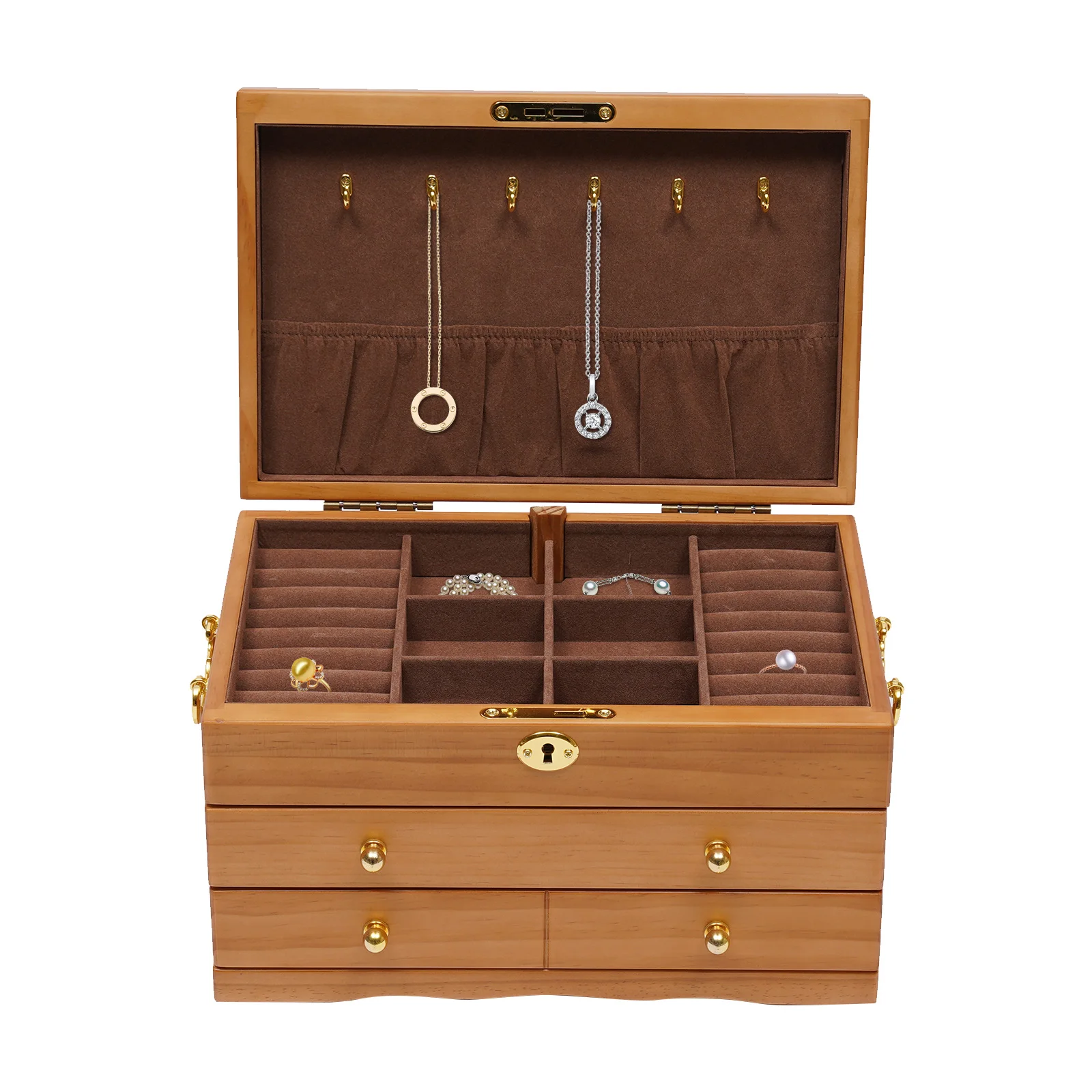 3-Tier Wooden Jewelry Box With 6 Hooks, Vintage Jewelry Storage Organizer Desktop, Rectangular Jewelry Case Key Lock