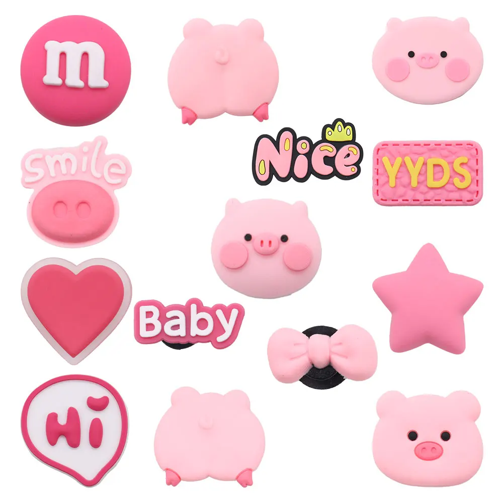 

Mix 50PCS PVC Pink Shoe Charms Pig Nose Chocolate Baby Bow Heart Hi Nice Star Smile Shoe Decoration Buckle Kids Party Xmas Gifts