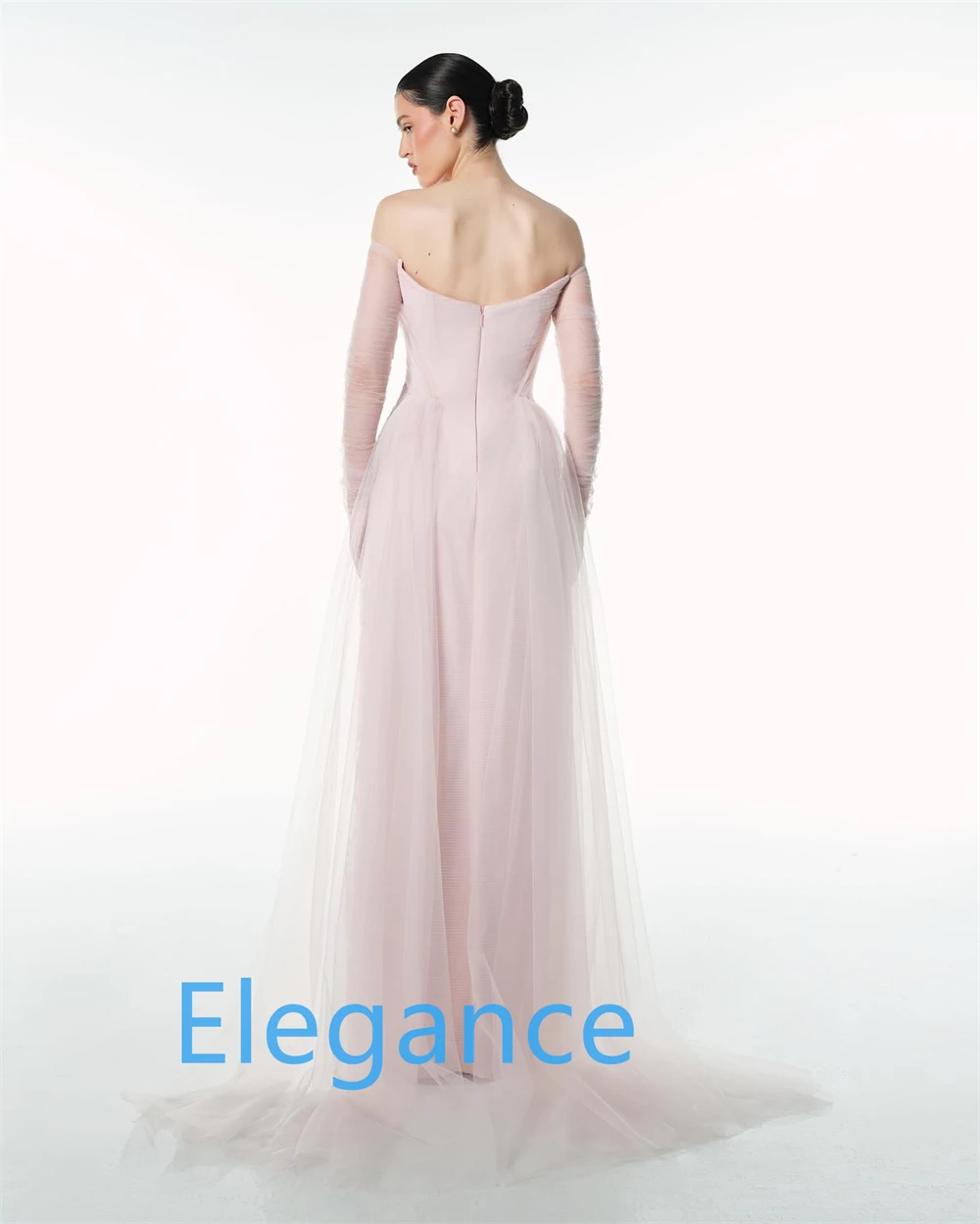 ชุดราตรีสีชมพูเรียบง่ายแบบสั่งตัด แขนยาว ดีไซน์หรูหรา ชุดงานเลี้ยง ชุดออกงาน  กระโปรงยาวลากพื้น  ชุดสำหรับโอกาสพิเศษ