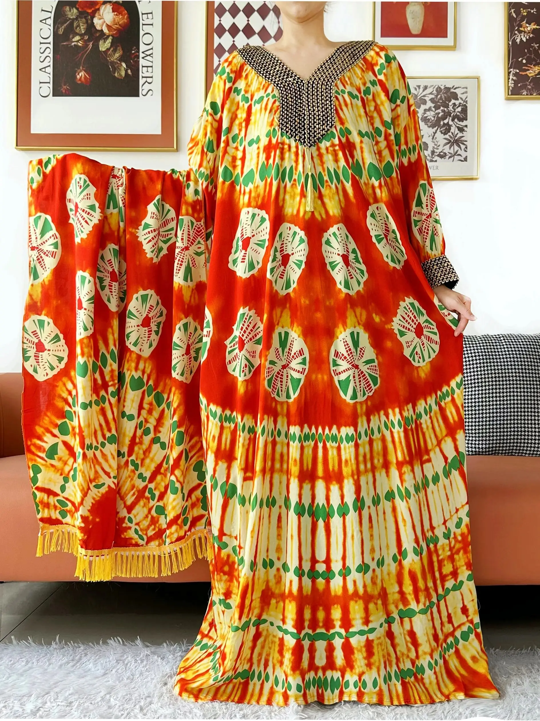 Robe musulmane élégante à manches longues, broderie fil d'or, coton pour femmes, ample, Abaya, style Boho, Maxi, tenue décontractée, robes africaines