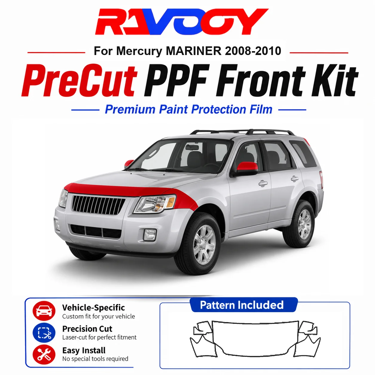 

8.5mil TPU Precut PPF Kit For Mercury MARINER 2008-2010 - Hood, Fenders & Mirror Set - Self-Healing Clear Bra Film