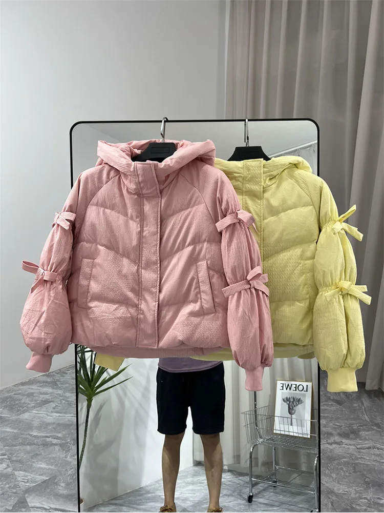 Women\'s Winter Parkas Sweet Bow Pink Down Jackets 2023 New Korean Style Female Thick Warm Hooded Coats Outerwear