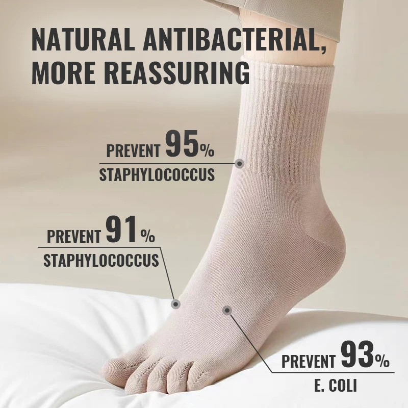 MiiOW 100% Pure Cotton Five Finger Socks Sweat Absorbent Antibacterial Breathable Men Seamless Spilt Toe Sock Thick Crew Socks