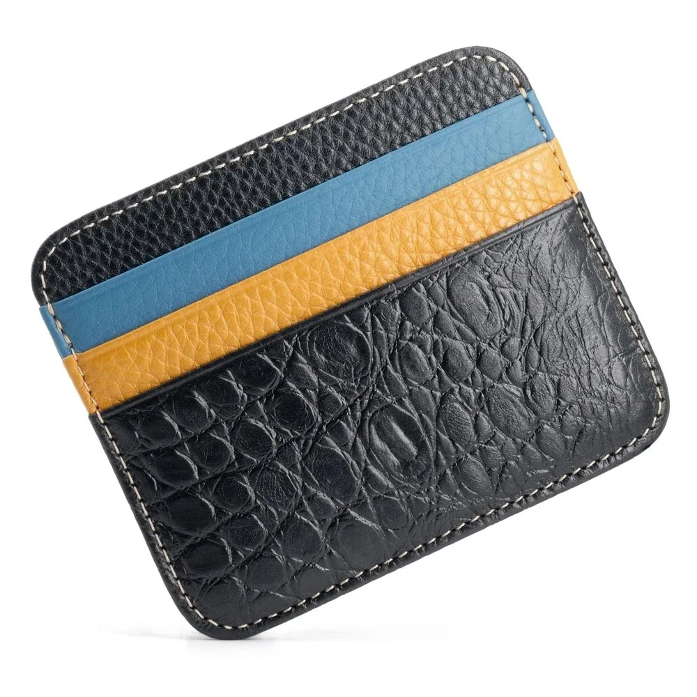 Retro Primeira Camada Saco De Cartão De Couro Genuíno, 7 Slot, Super Fino, 100% Real Leather Bank Card Holder, Porta-moedas, Sort Wallet