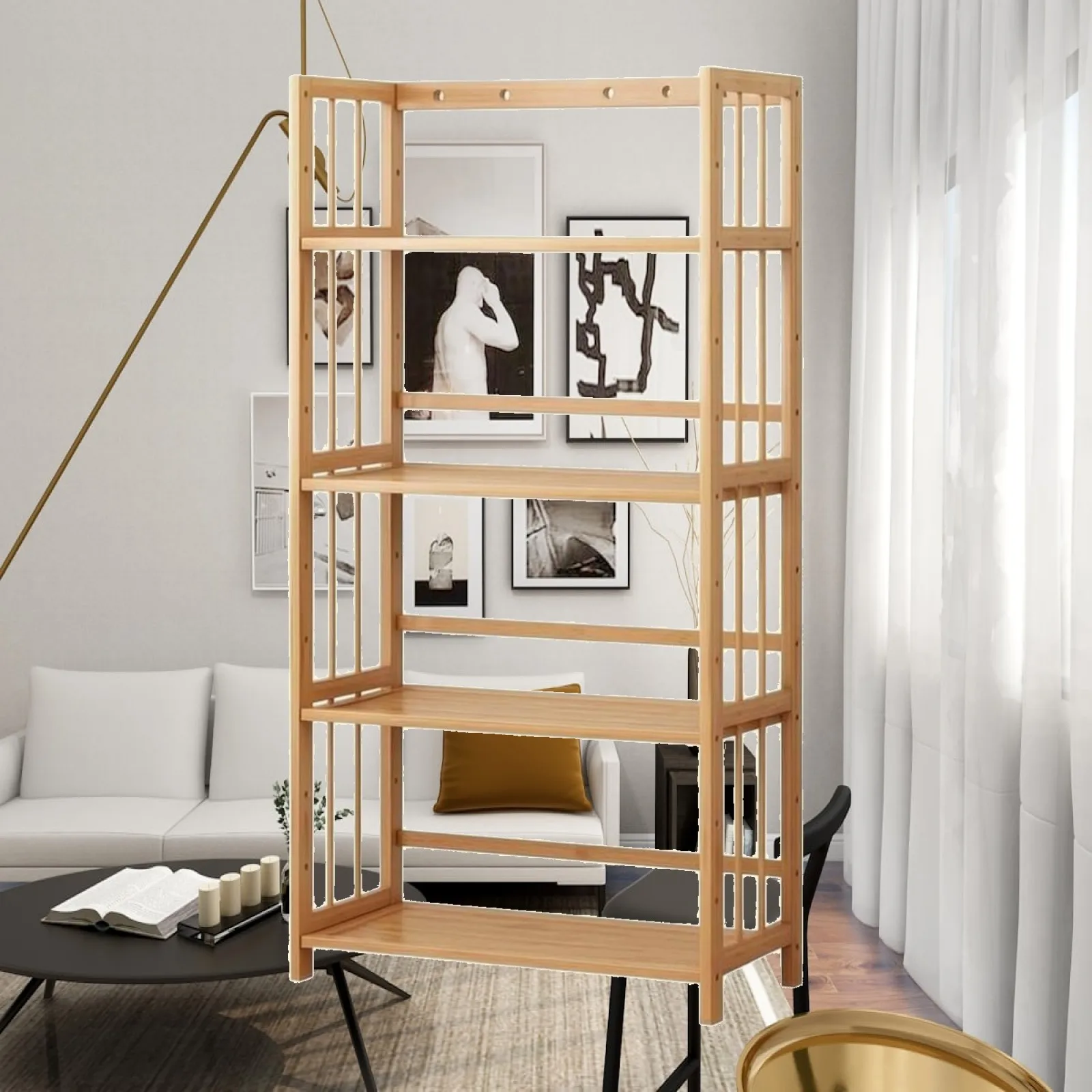 Bamboo Bookshelf Freestanding Slatted Bamboo Shelf Multifunctional