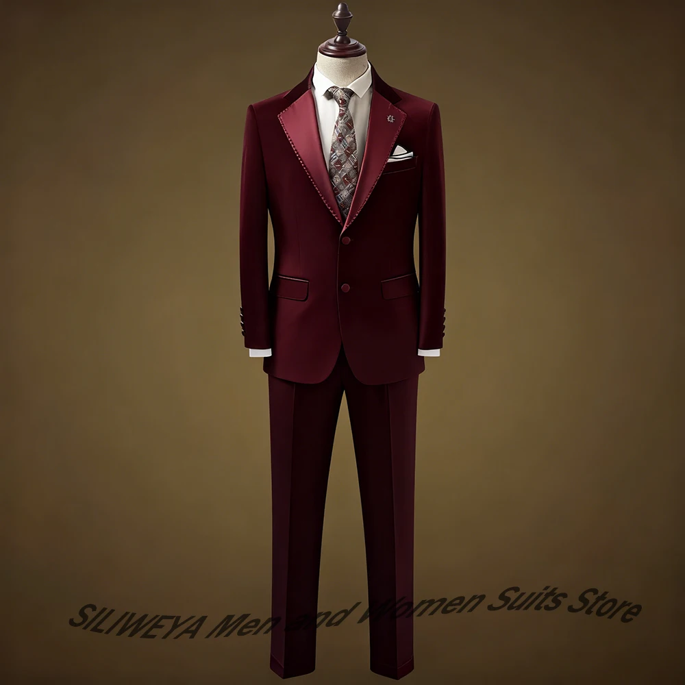 

Мужские бордовые бархатные костюмы с жакетом с лацканами, официальная свадебная деловая одежда, облегающий однобортный пиджак + брюки, комплект