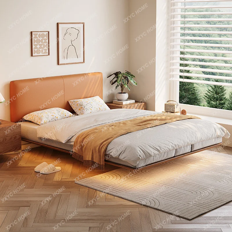 NN Suspended bed row skeleton tatami floor bed flush edge ultra-thin bedside leather soft bag solid wood bed