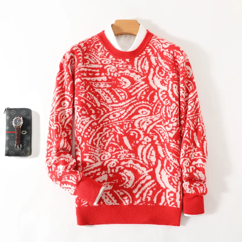 Suéter de lana de manga larga Jacquard rojo para hombres, Jersey de punto grueso, suéteres a prueba de frío, otoño e invierno, navidad