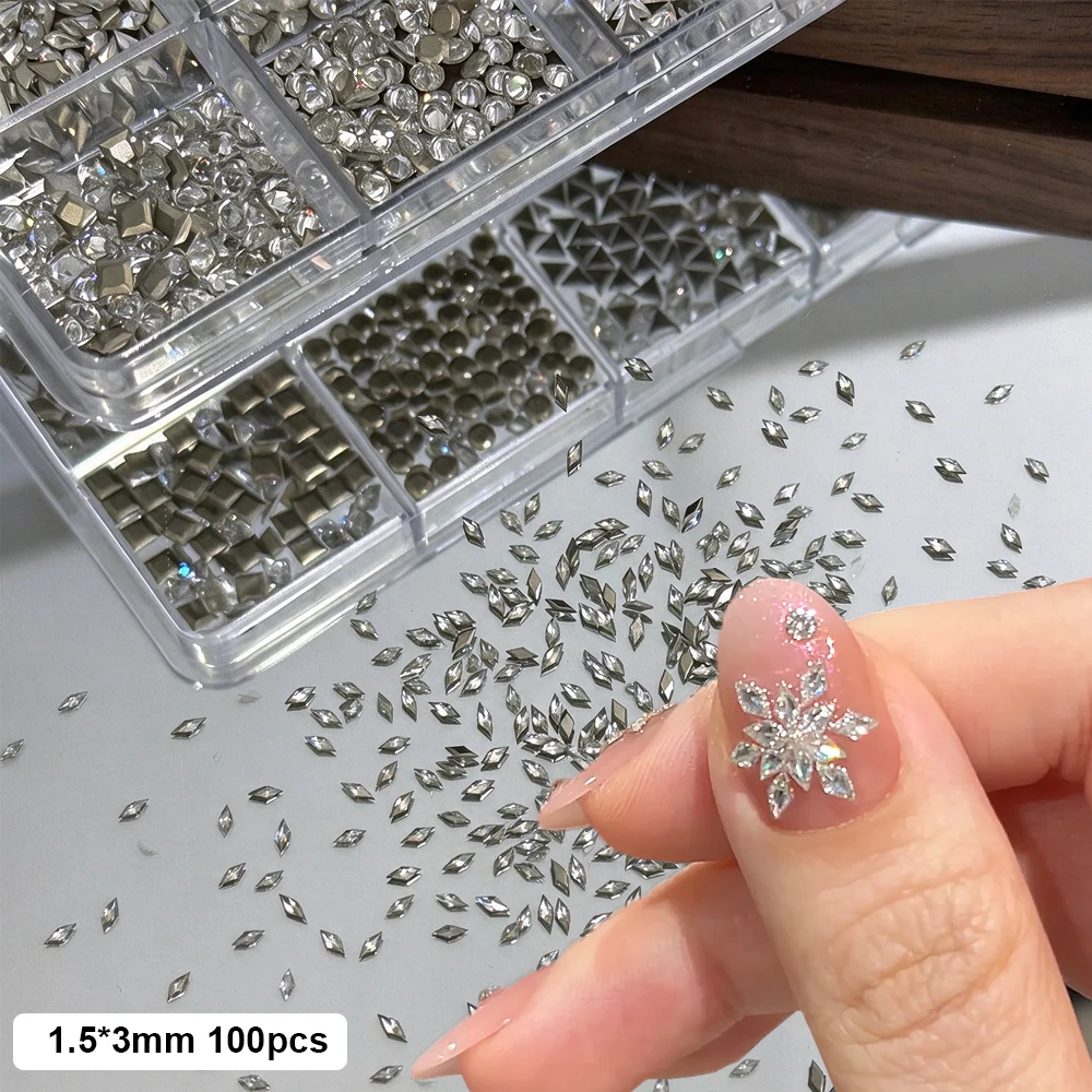100pcs 3D Mini Transparent Crystal Nail Rhinestones Square/rectangle/trapezoid/ellipse Shape Nail Gems Charms DIY Winter Decor