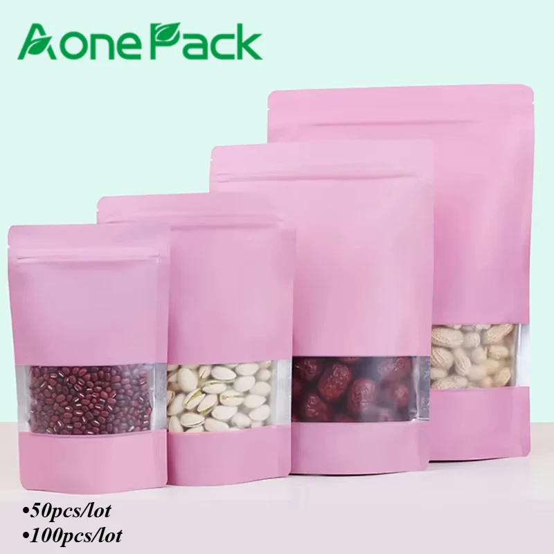 Sac en Mylar rose à impression numérique personnalisée, avec fenêtre, fermeture éclair, refermable, collation, thé, café, grains, emballage Doypack alimentaire