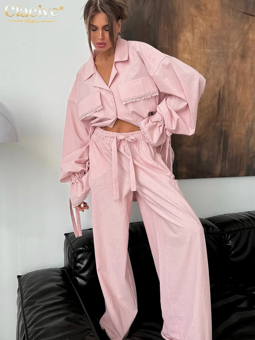 Clacive Fashion Loose Pink Cotton Trousers Sets Women 2 Pieces Elegant Long Sleeve Shirt With High Waist Wide Pants Set Female