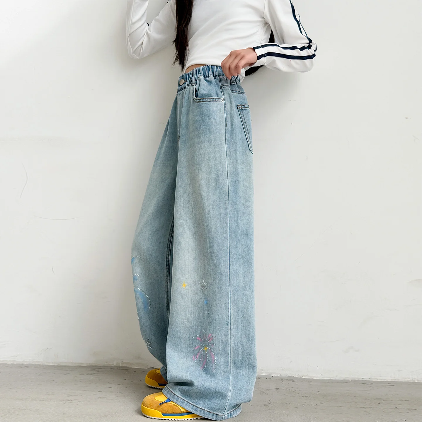 

Spring Autumn Kids Daily Life Drawing Blue Jeans Tween Girl Loose Straight Trousers Girls Casual Style Denim Pants Ages 4-14Year