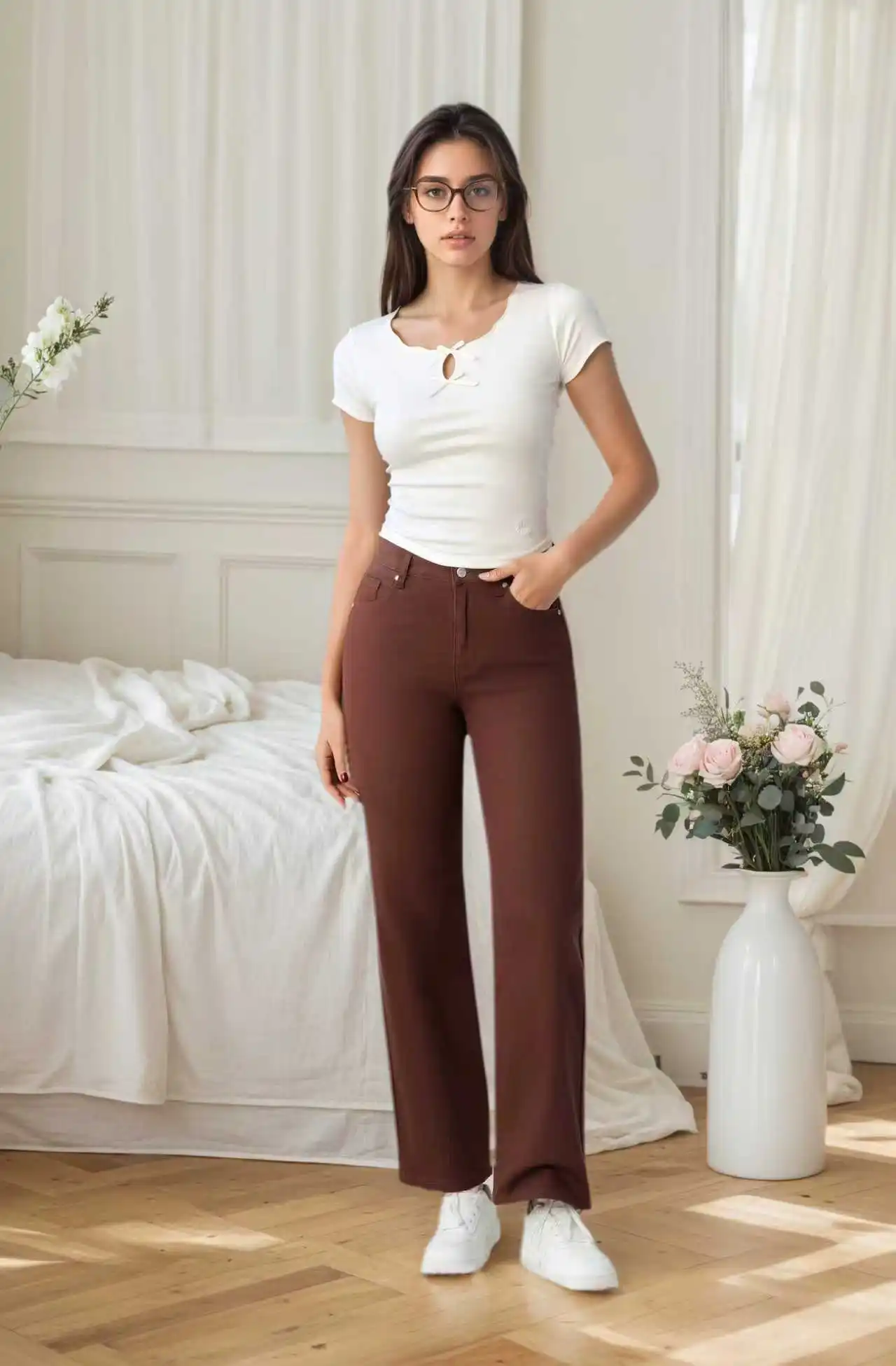 

Новые свободные, повседневные, утягивающие широкие прямые джинсы кофейного цвета с завышенной талией для фигурок грушевидной формы.