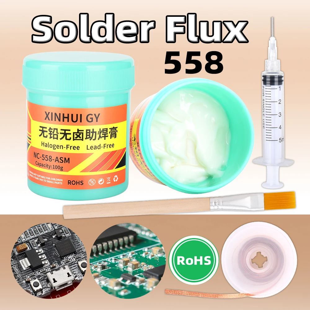 NC-558 No-Clean Soldering Flux 100g Lead & Halogen Free Welding Agent 4Pcs Set with Solder Wick Brush for PCB BGA Chip Repair