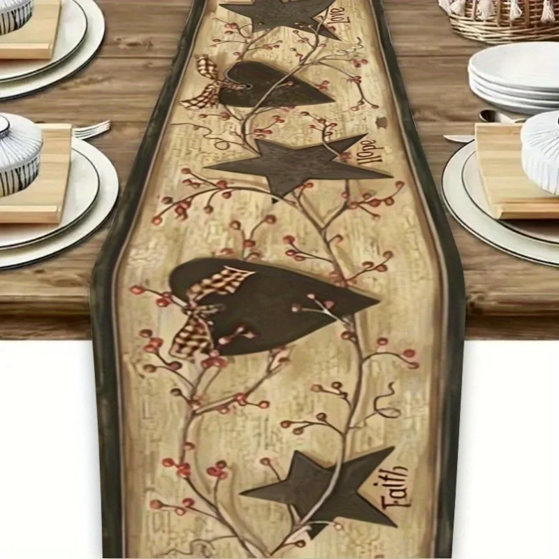 Vintage Farmhouse Table Runner, Black Plaid Country Star Print, Rectangular Table Decor for Dinner, Wedding, Home Party