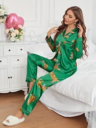 Elegant Tiger Print Pajama Set for Women - Long Sleeve Button-Up Top & Pants, Cozy Polyester Blend, Machine Washable
