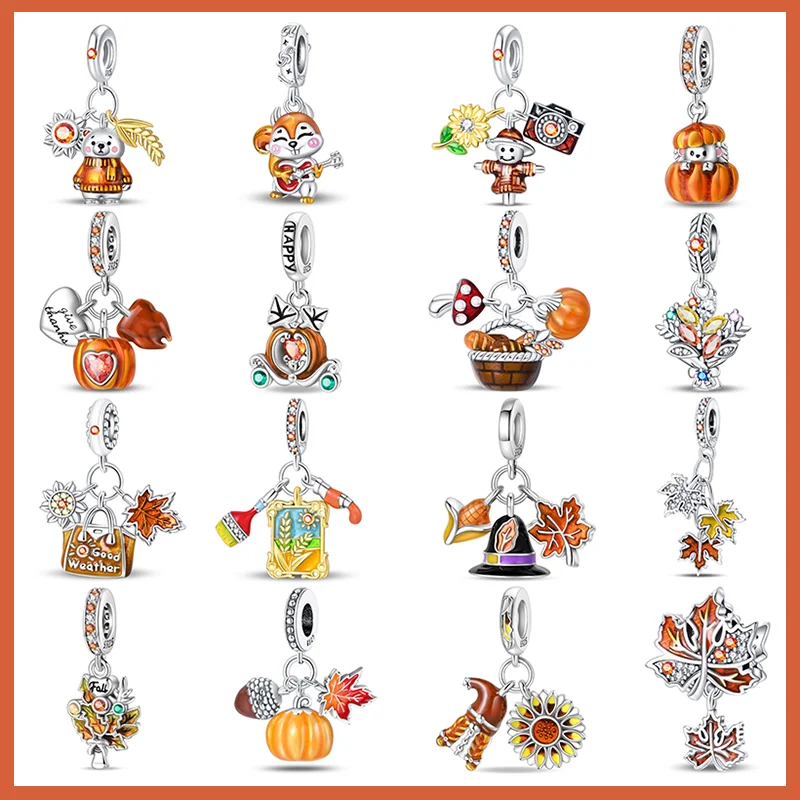 925 Sterling Silver Autumn Series Pumpkin Scarecrow Maple Leaf Wheat Charms Beads For Brand Original Bracelet DIY Jewelry Gift