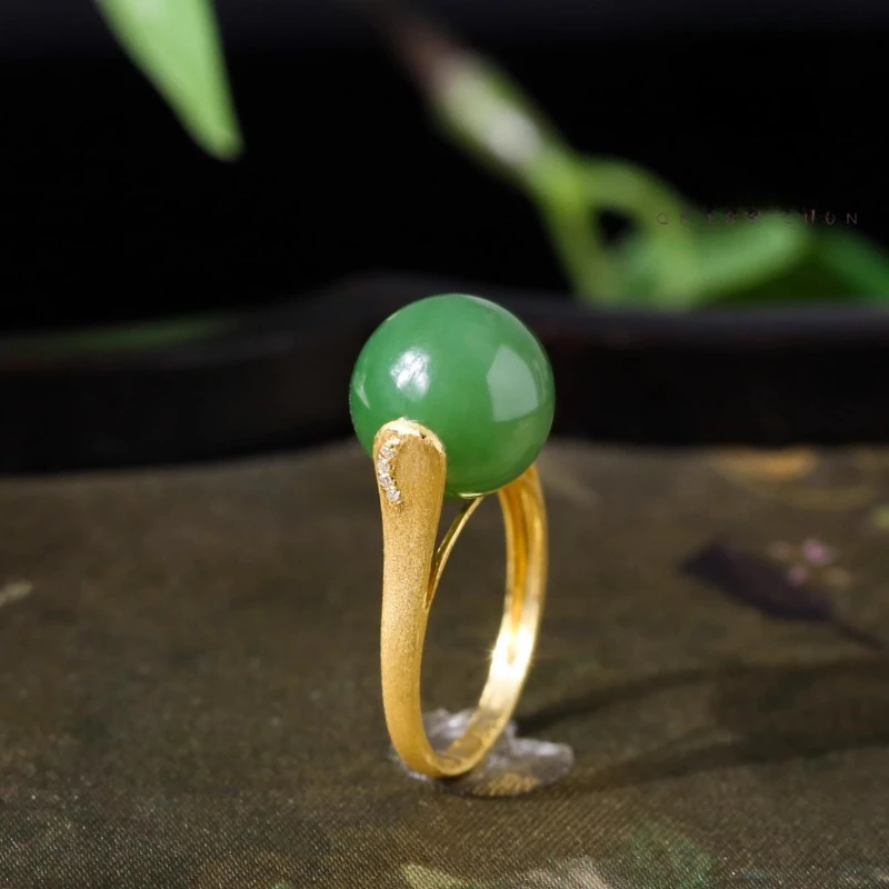 

Hetian jade jasper yang green ring green bead set green ring