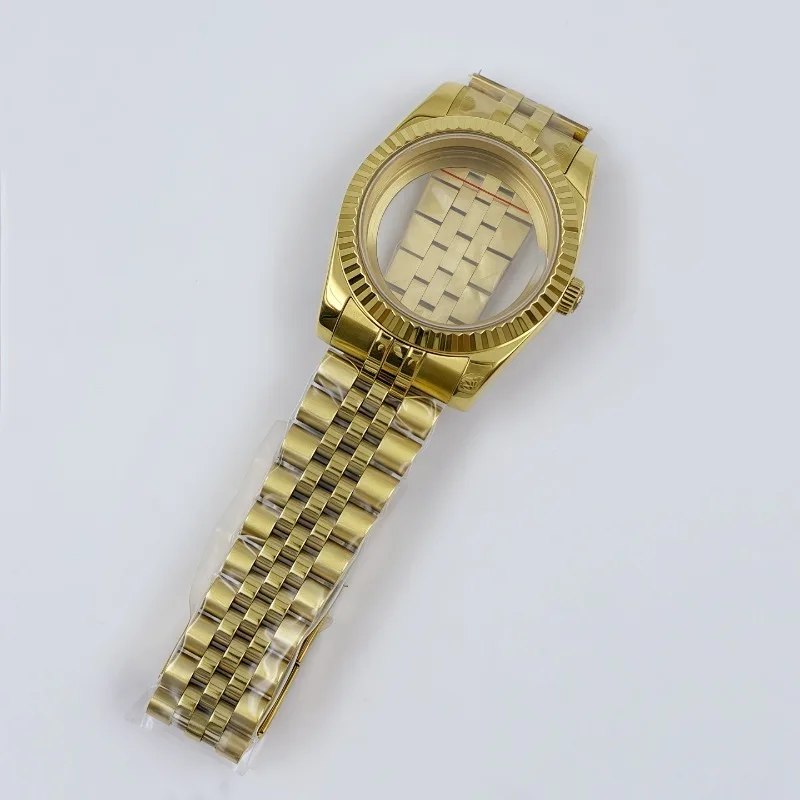 For NH35 Case Strap Set 36MM/39MM for Log Oyster Dog Tooth Ring Full Gold Case Set Sapphire Glass