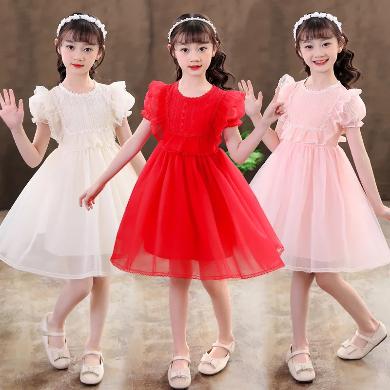

Girls' Princess Dress Summer Short Sleeve Children's White Dress Baby Children's Day Host Little Dress Performance Tulle Dress