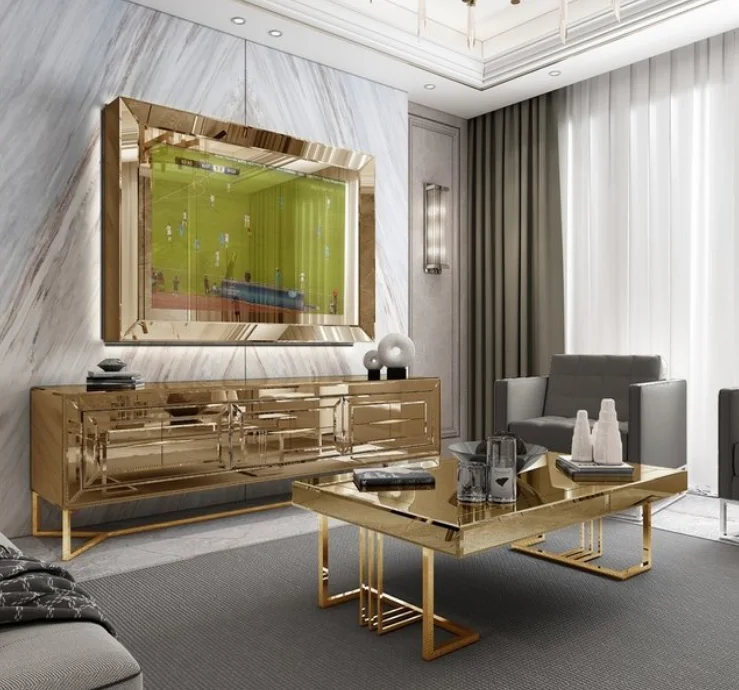 Mirror coffee table cabinet, gold stainless steel TV bench, home hotel fireplace