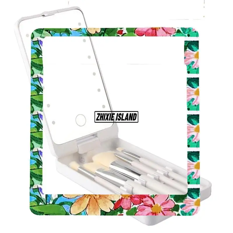 Mirror Portable Folding Mirror With 5 Brushes Storage Box LED Touch Portable One-Face Storage Box Makeup Mirror White