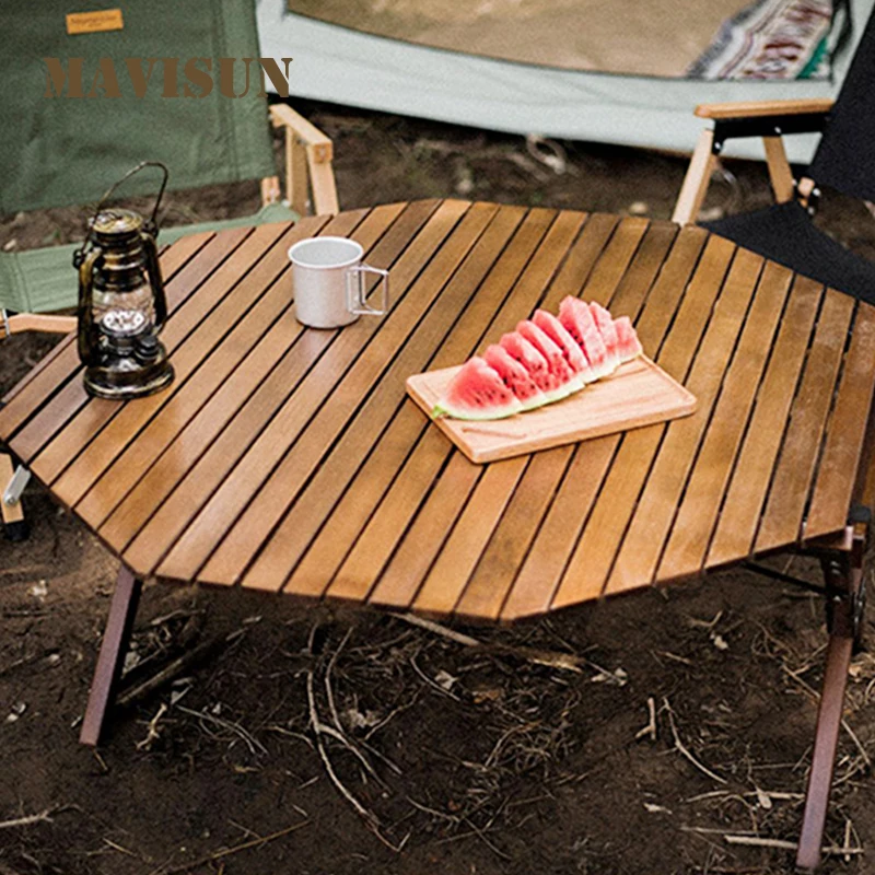 Picnic Folding Table For Camping Barbecue Outdoor Furniture Garden Courtyard Solid Wood Eggs Roll Tables Light Creative Portable