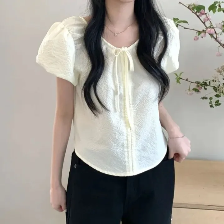 

Sweet Summer Chic Gentle Bowed round Neck Single Button Slimming Versatile Bubble Sleeve Shirt Top Korean Style Loose Fit Pol...