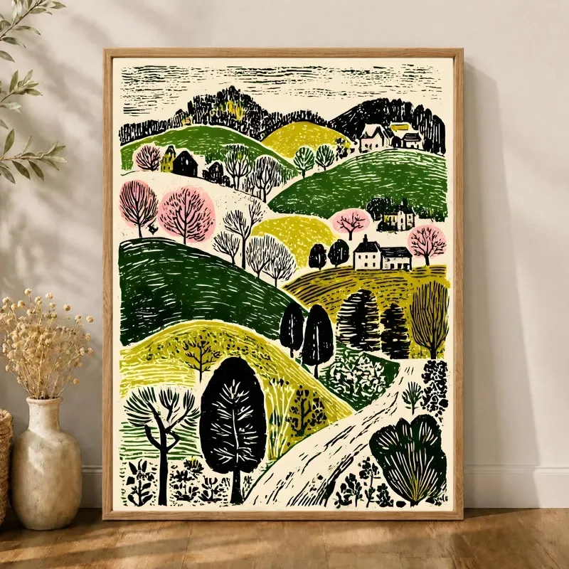 Retro Linocut Landscape Canvas Prints Retro Woodcut Countryside Cactus Ship Ocean Botanical Wall Art Farmhouse Home Decor Poster