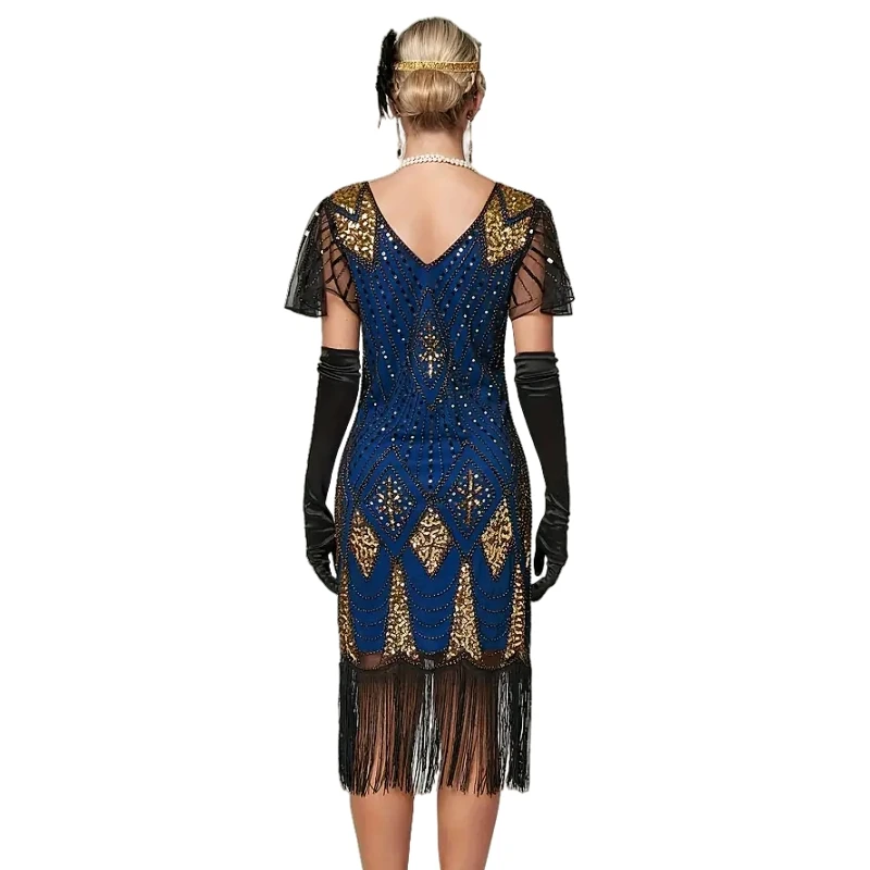 Sexy V-Ausschnitt Schmetterlingsärmel Blaues Paillettenkleid 1920er Jahre Damen Flapper Fransenkleid Plus Size Gatsby Style Kleid 20er Jahre Kostüm