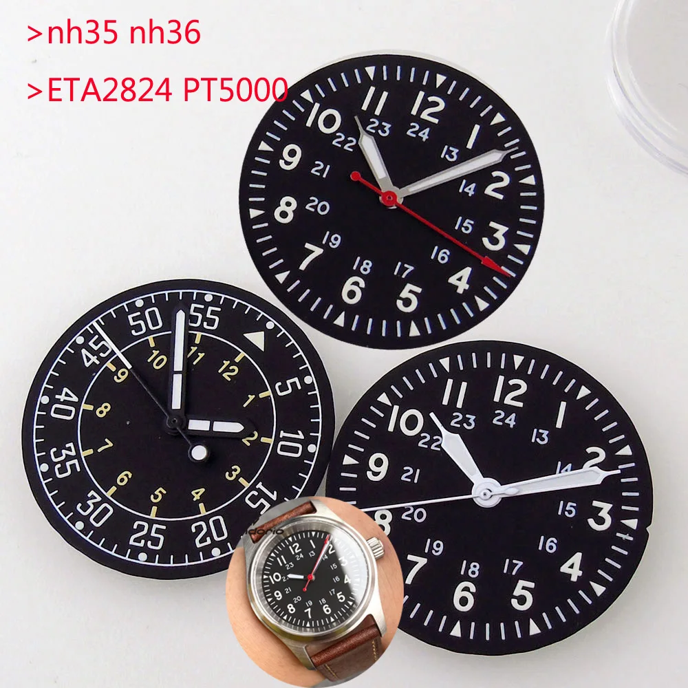 Esfera estéril de reloj piloto, pieza negra para NH35, NH36, ETA2824, PT5000, ST2130, juego de mano de caja de reloj, 29mm