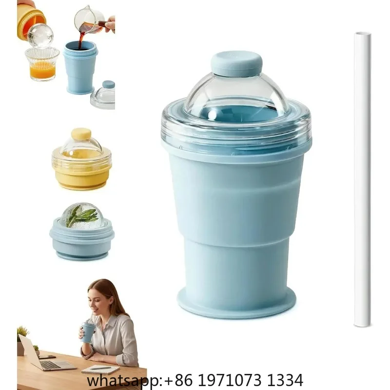 2-in-1 Collapsible Silicone Ice Ball Maker Cup, Portable Foldable Ice Hockey Cup with Straw & Lid, Easy Demolding, Leakproof