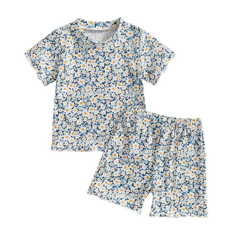 Baby Girl Summer Outfits Short Sleeve Floral Bow Fruit Print Tops Shorts Set Toddler 2Pcs Clothes