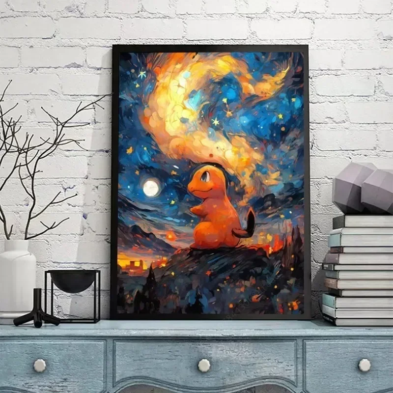 Van Gogh Sternen himmel Anime Figuren Tasche Monster Pikachu Aquarell Malerei Leinwand Poster druckt Wand kunst Bild Wohnzimmer