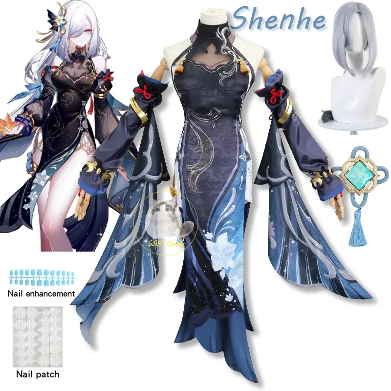 Shenhe-Disfraz de Genshin Impact Frostflower, uniforme de rocío, peluca de Anime, Disfraces de Halloween, traje de personaje del juego para mujer y adulto