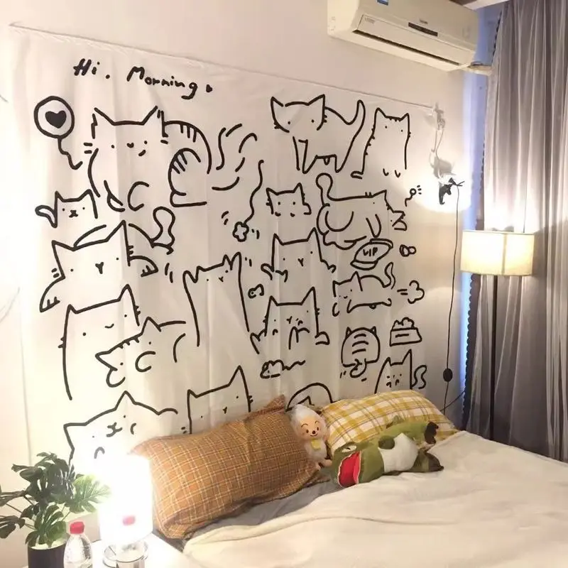 VIKAMA Simple Pen Lines Cat Tapestry Wall Art for Bedroom Living Room Decoration Black and White Hand drawn Graffiti Cat Warm
