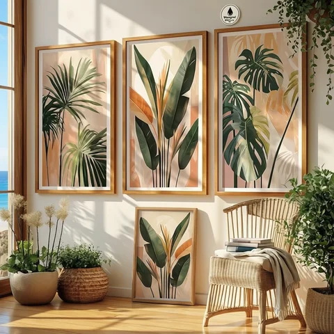 1/3pcs Retro Palm Tree Watercolor Plant Canvas Printing Summer Seaside Beach Coastal Wall Art Poster for Modern Home Decor Gifts