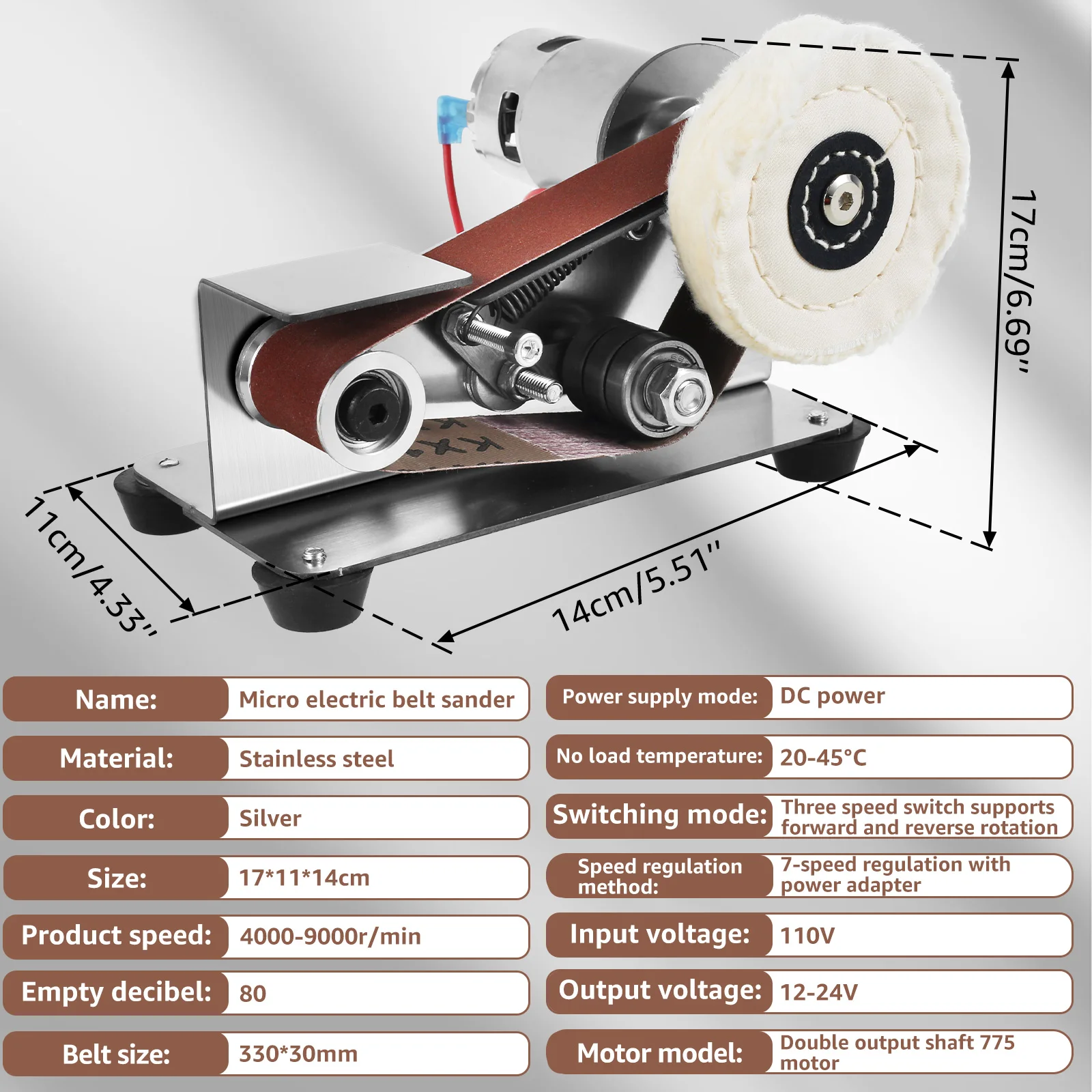 Mini Belt Grinding Machine Tool Electric Belt Grinder 7 Adjustable Speed Electric Polishing Sharpener Machine, 30mm Sanding Belt