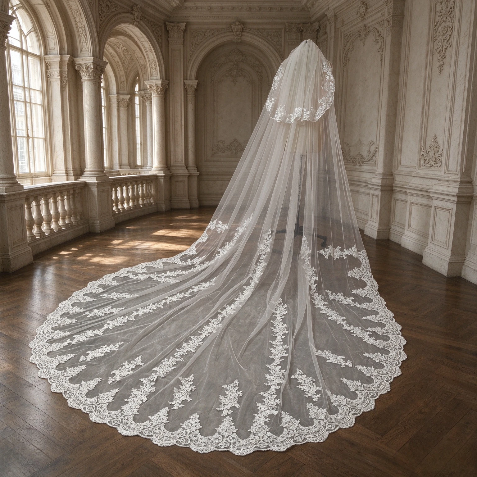 Two Tier Cathedral Wedding Veil White Ivory Ornate Lace Applique Bridal Veil Romantic Long Wedding Dress